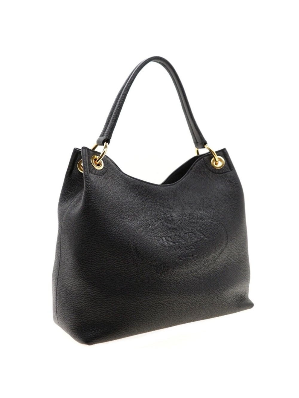 Prada Hobo Shoulder Bag Embossed Logo Black Leather 1BC051 New